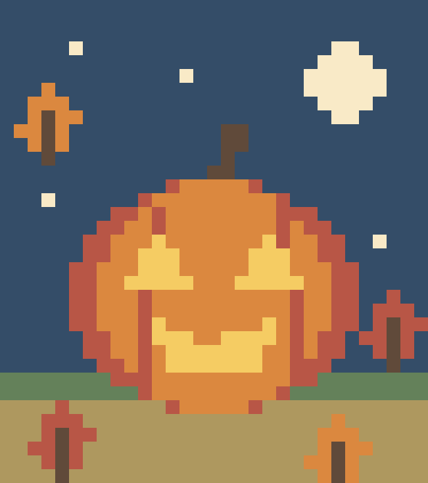 A glowing orange pumpkin lantern beneath a moon with falling autumn leaves