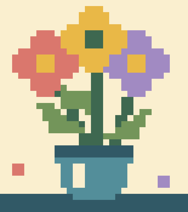 Coral, lilac and yellow flowers with green leaves in a teal vase