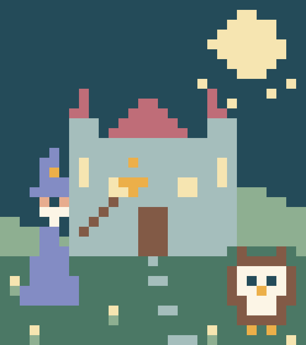 An original pixel scene with a wizard, a moonlit castle and a little owl