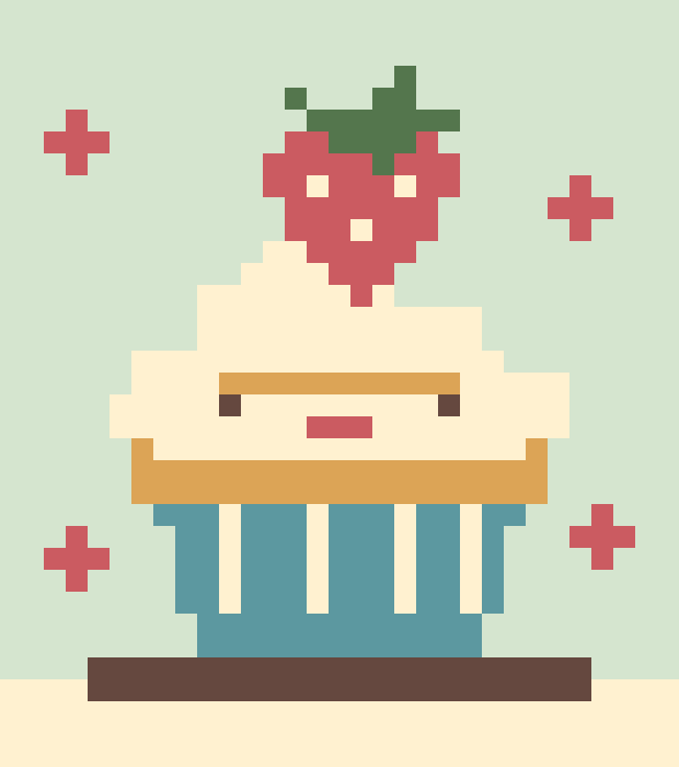 A smiling cream cupcake topped with a red strawberry in a teal wrapper