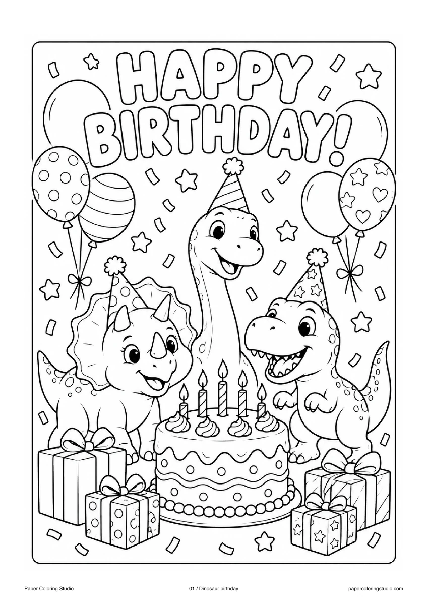 Blank A4 coloring page: Dinosaur birthday colouring illustration