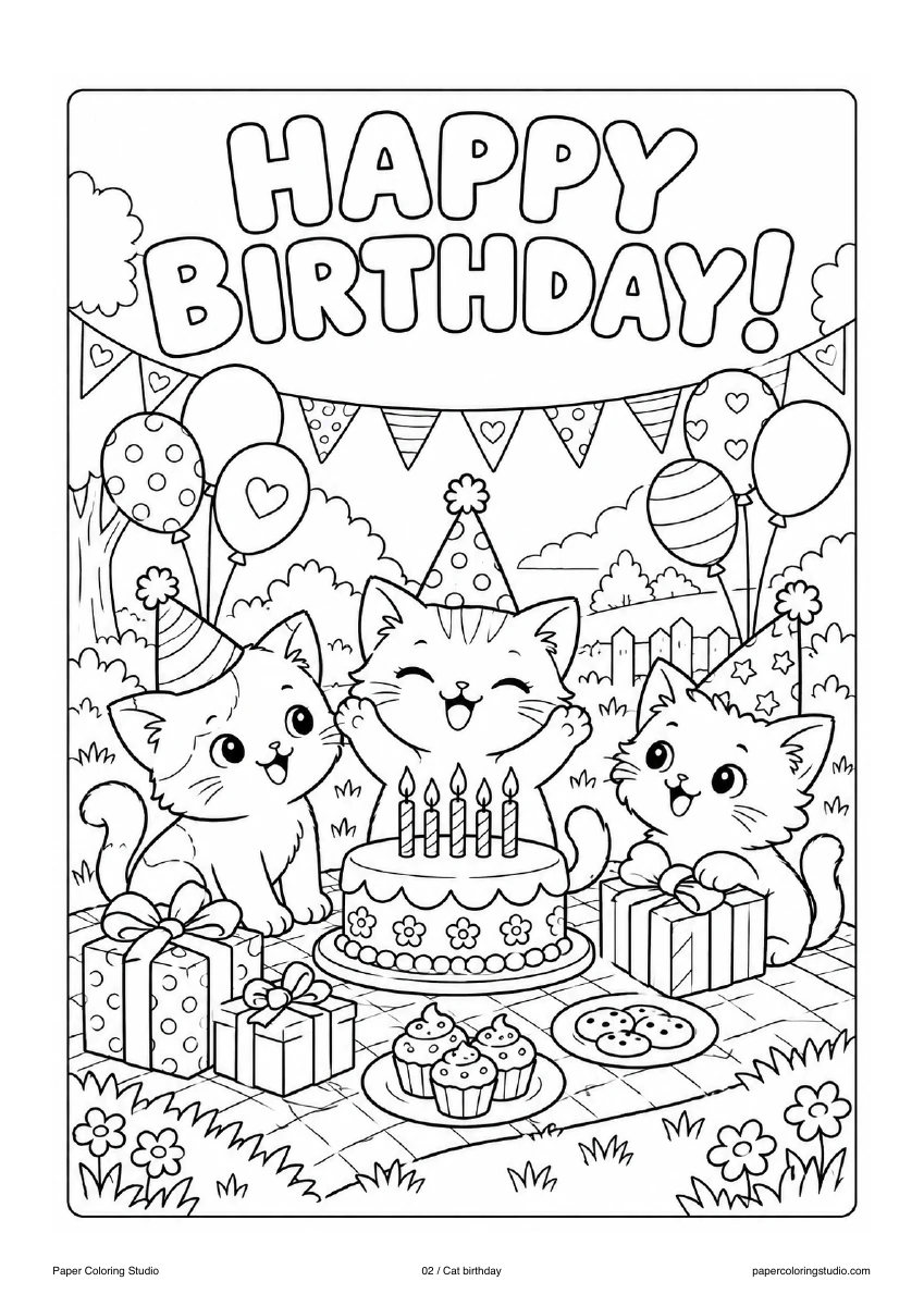 Blank A4 coloring page: Cat birthday colouring illustration