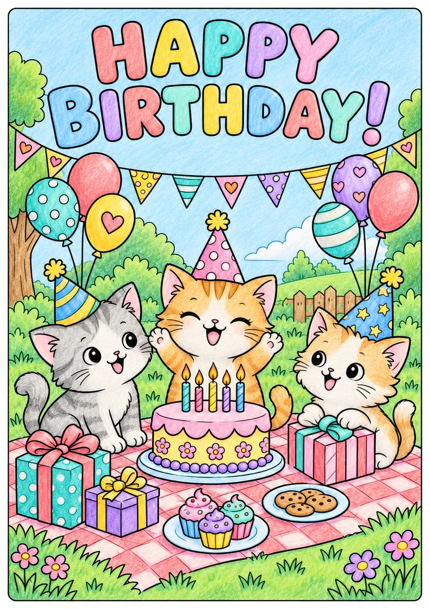 Color inspiration: Cat birthday colouring illustration