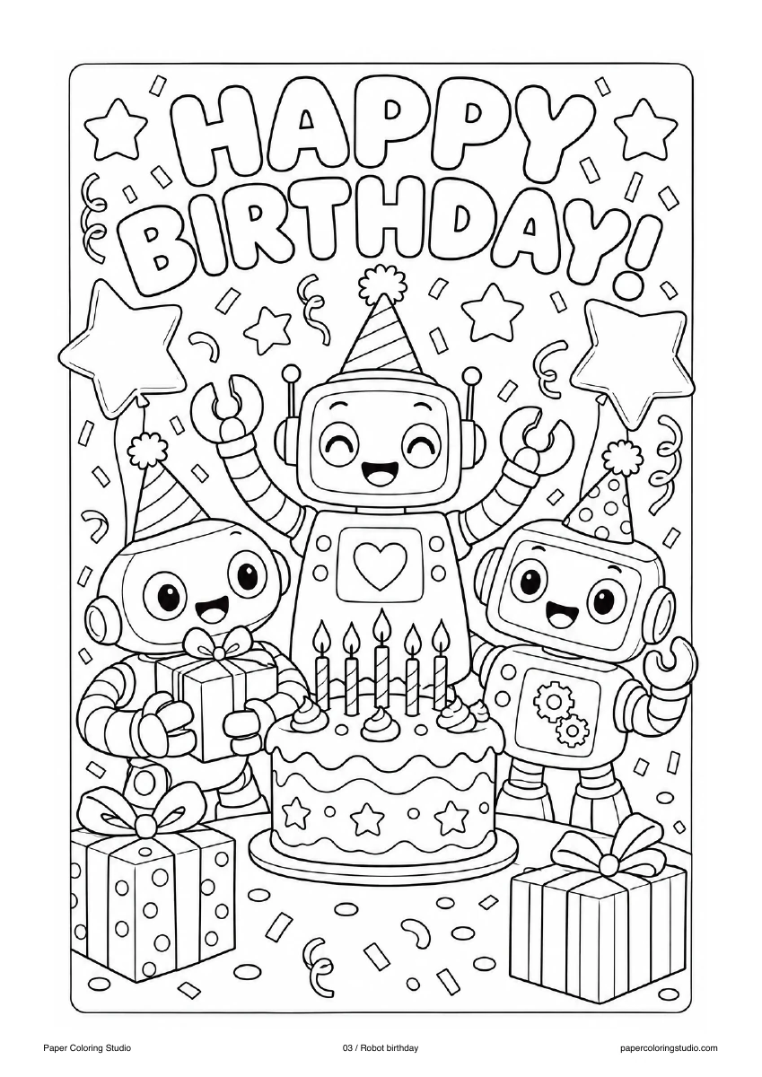 Blank A4 coloring page: Robot birthday colouring illustration