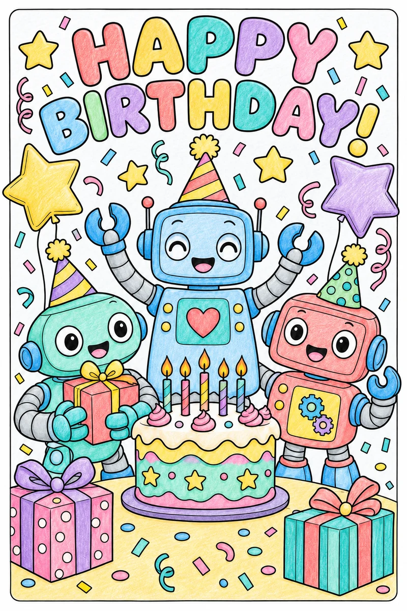 Color inspiration: Robot birthday colouring illustration