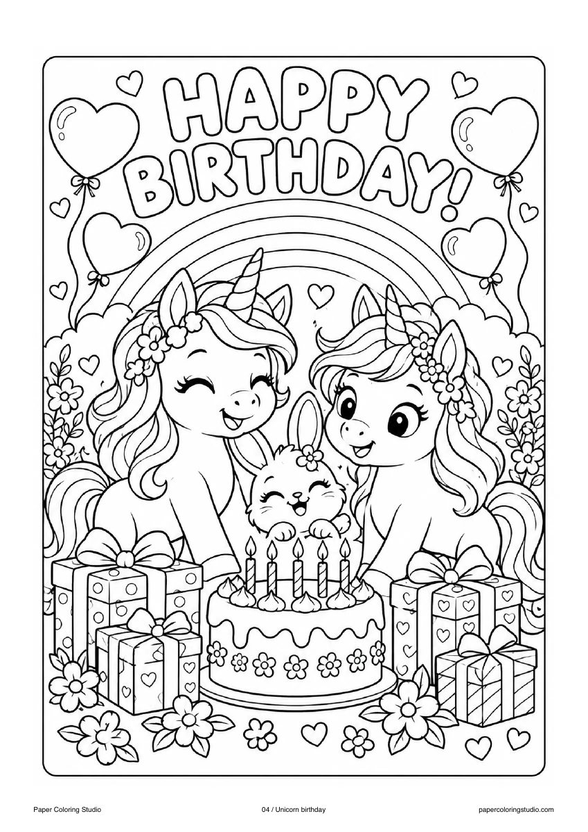 Blank A4 coloring page: Unicorn birthday colouring illustration