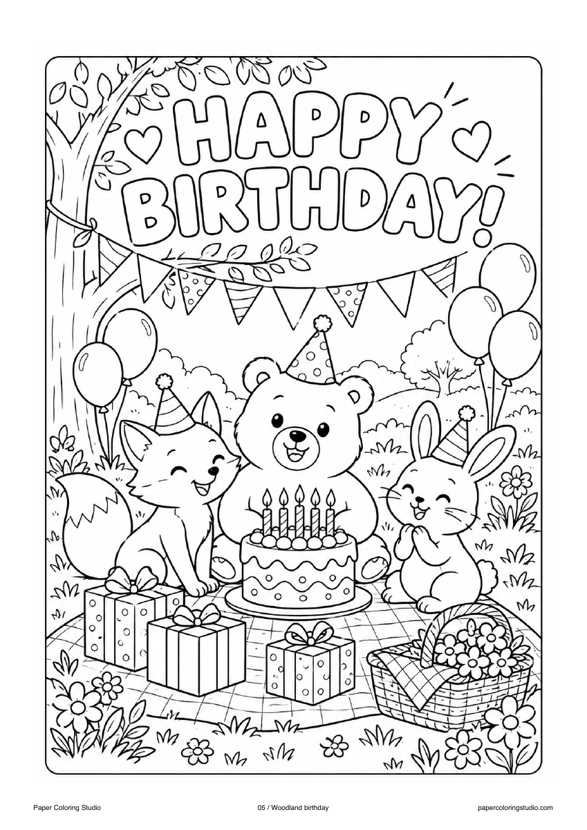 Blank A4 coloring page: Woodland birthday colouring illustration