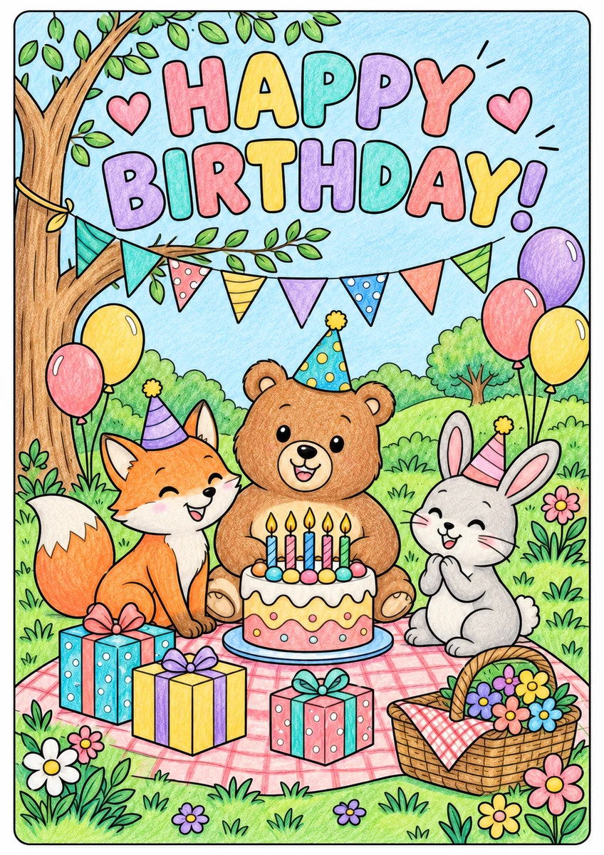 Color inspiration: Woodland birthday colouring illustration
