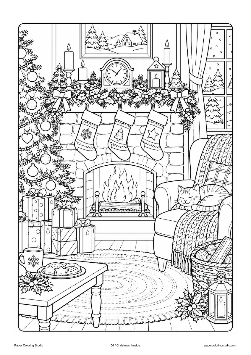 Blank A4 coloring page: Christmas fireside colouring illustration