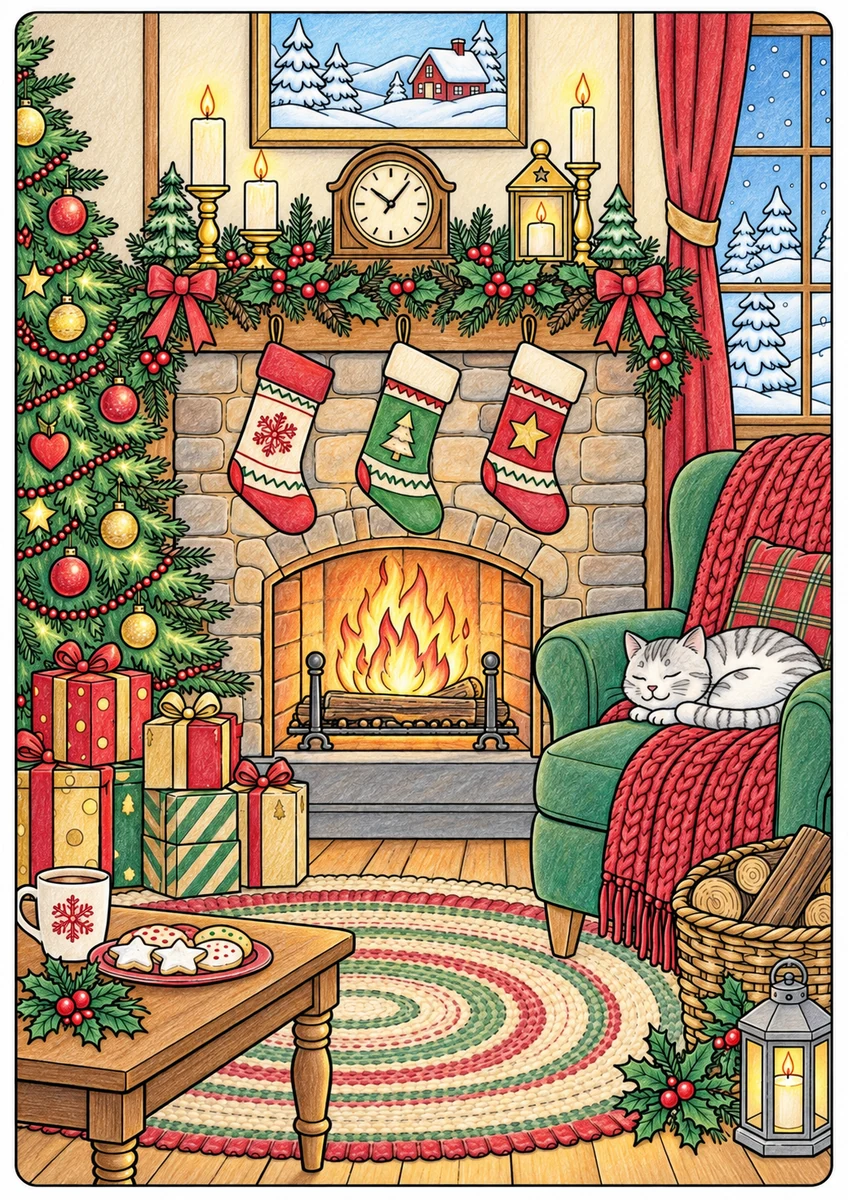 Color inspiration: Christmas fireside colouring illustration