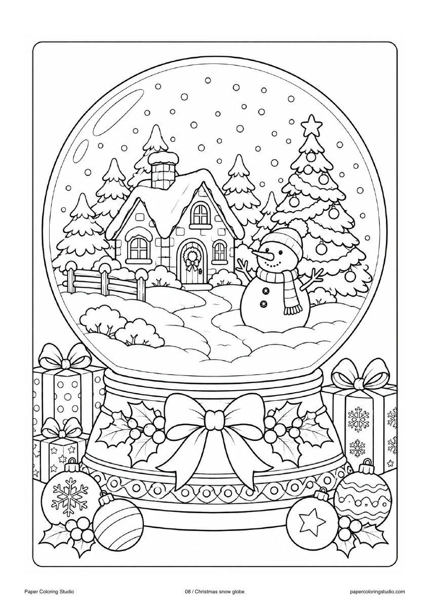 Blank A4 coloring page: Christmas snow globe colouring illustration