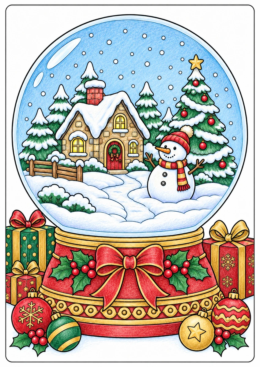 Color inspiration: Christmas snow globe colouring illustration