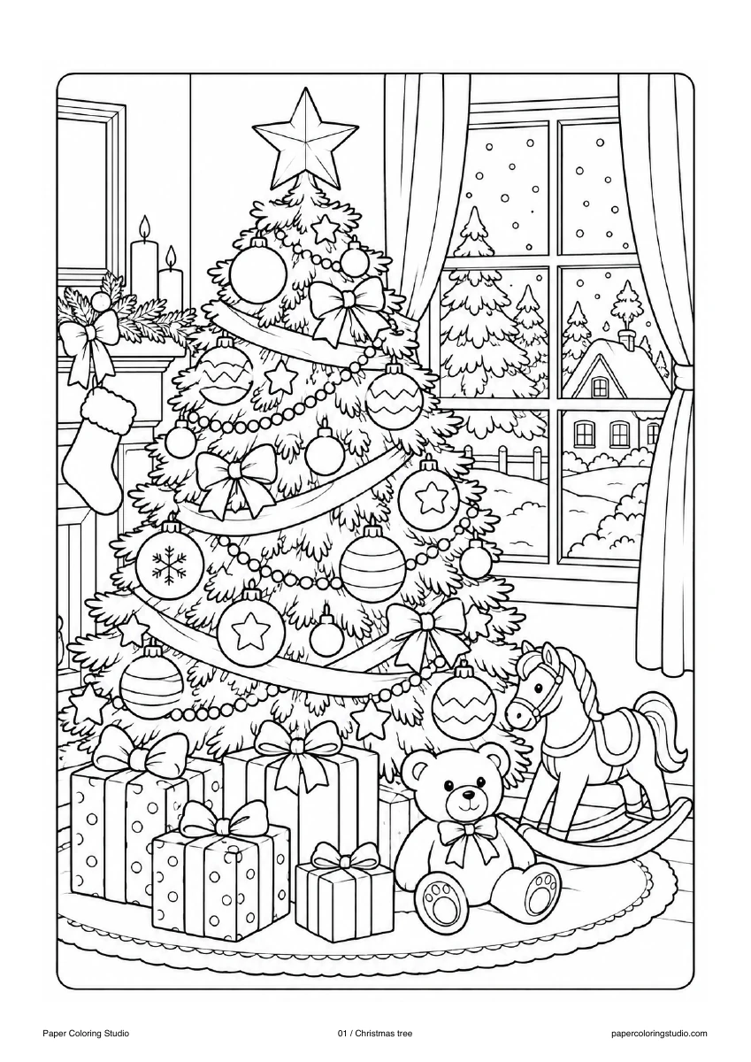Blank A4 coloring page: Christmas tree colouring illustration