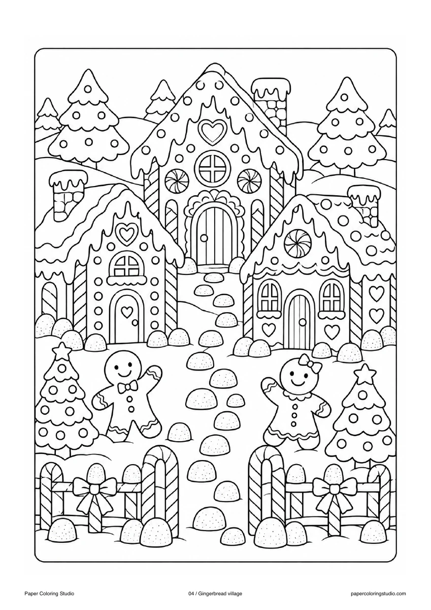 Blank A4 coloring page: Gingerbread village colouring illustration