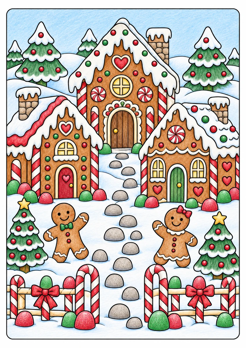 Color inspiration: Gingerbread village colouring illustration