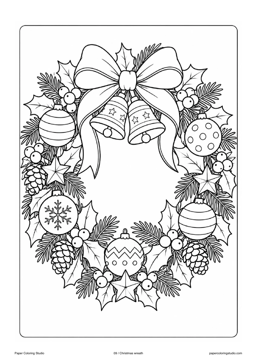 Blank A4 coloring page: Christmas wreath colouring illustration