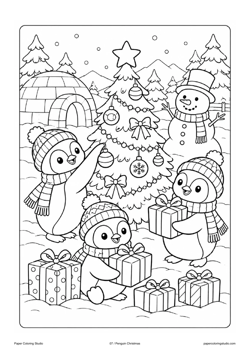 Blank A4 coloring page: Penguin Christmas colouring illustration
