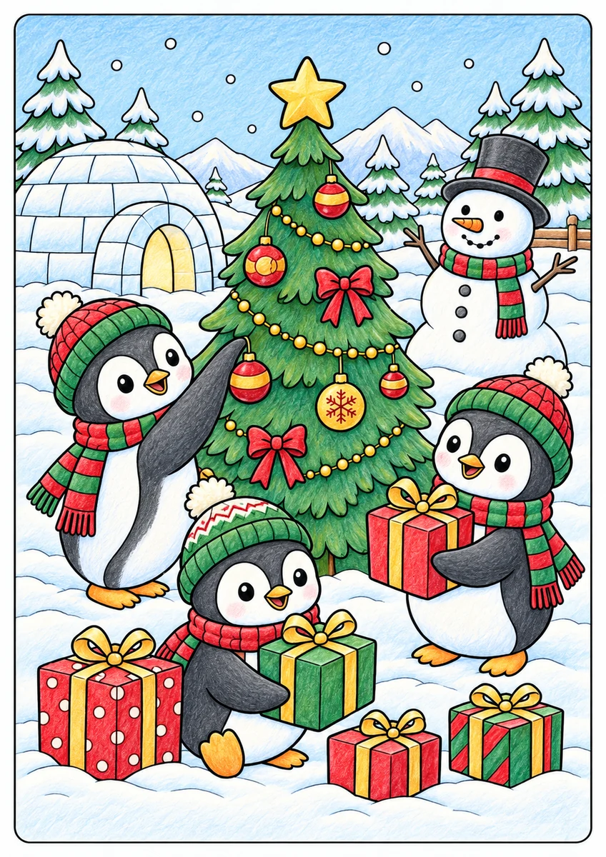 Color inspiration: Penguin Christmas colouring illustration