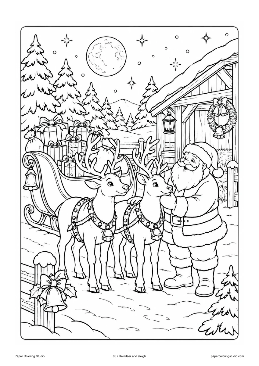 Blank A4 coloring page: Reindeer and sleigh colouring illustration