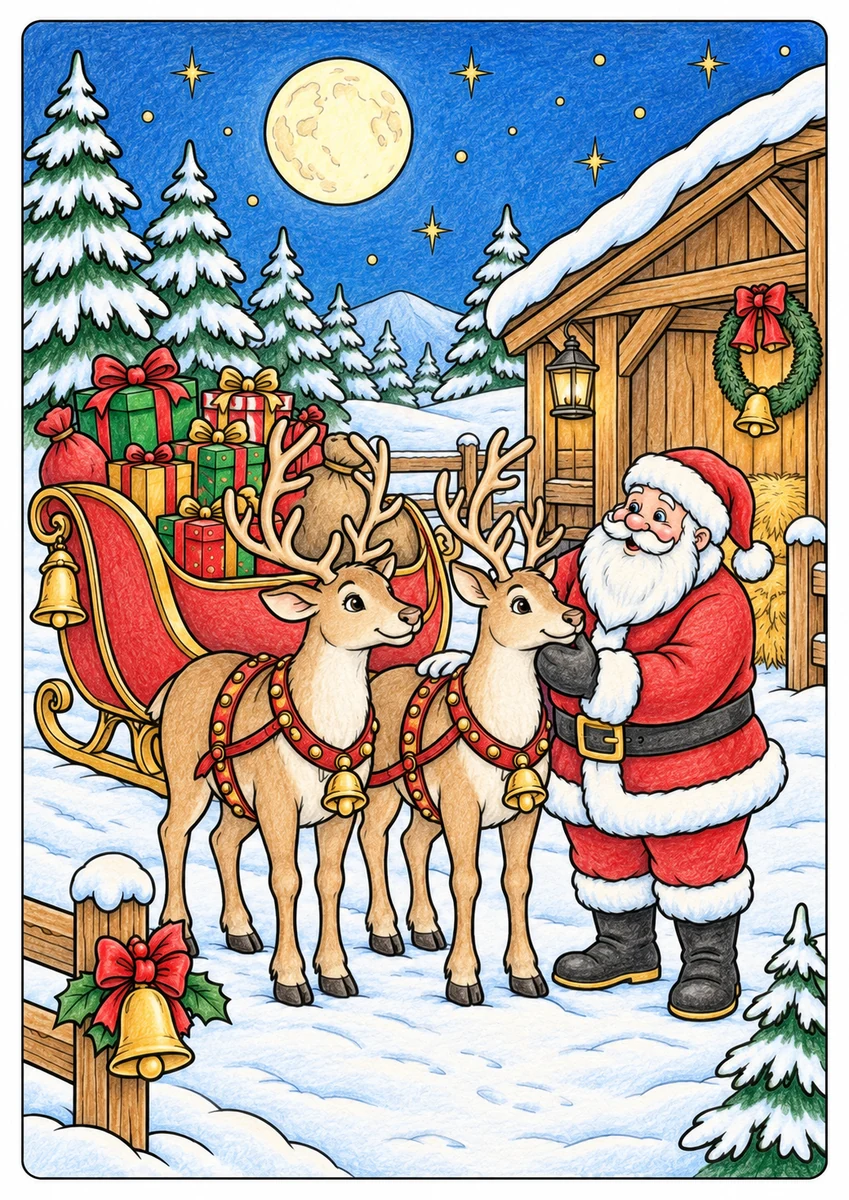 Color inspiration: Reindeer and sleigh colouring illustration