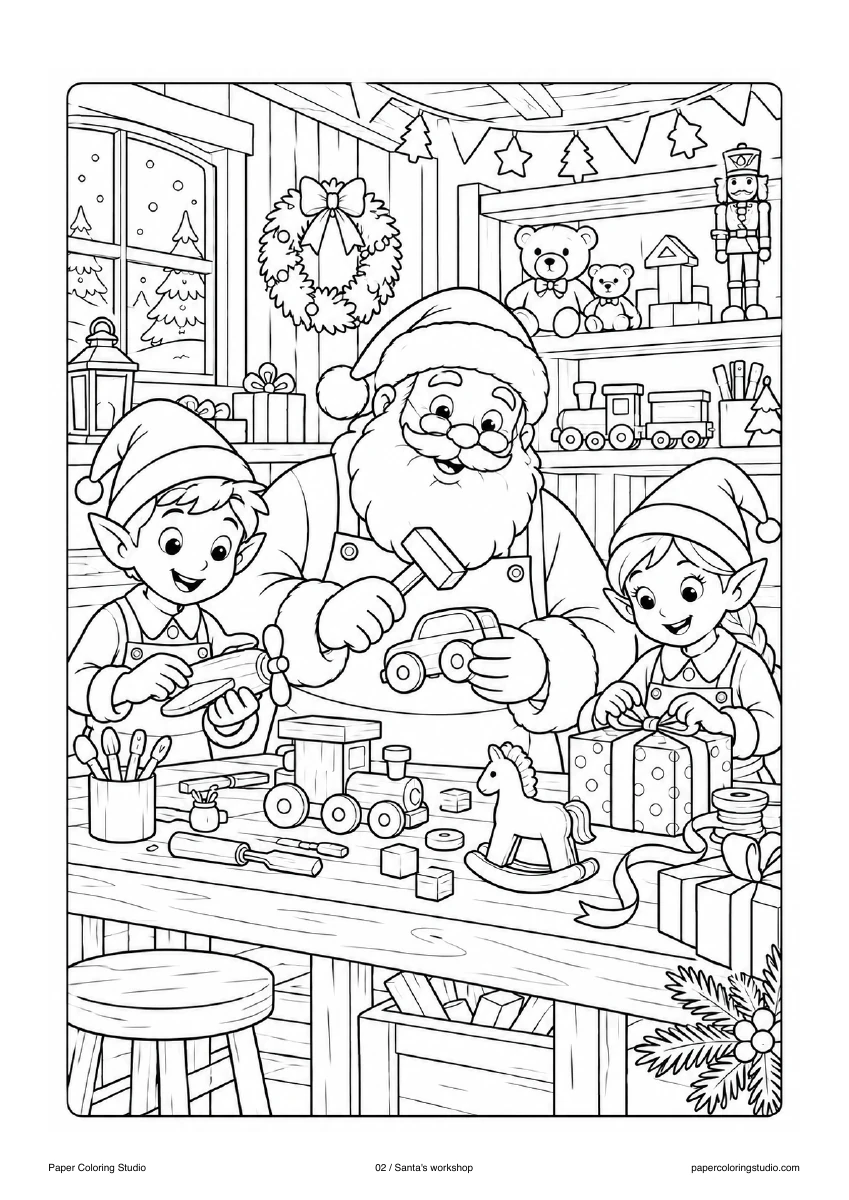 Blank A4 coloring page: Santa's workshop colouring illustration