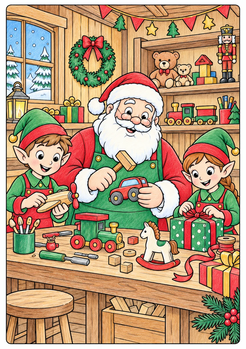 Color inspiration: Santa's workshop colouring illustration