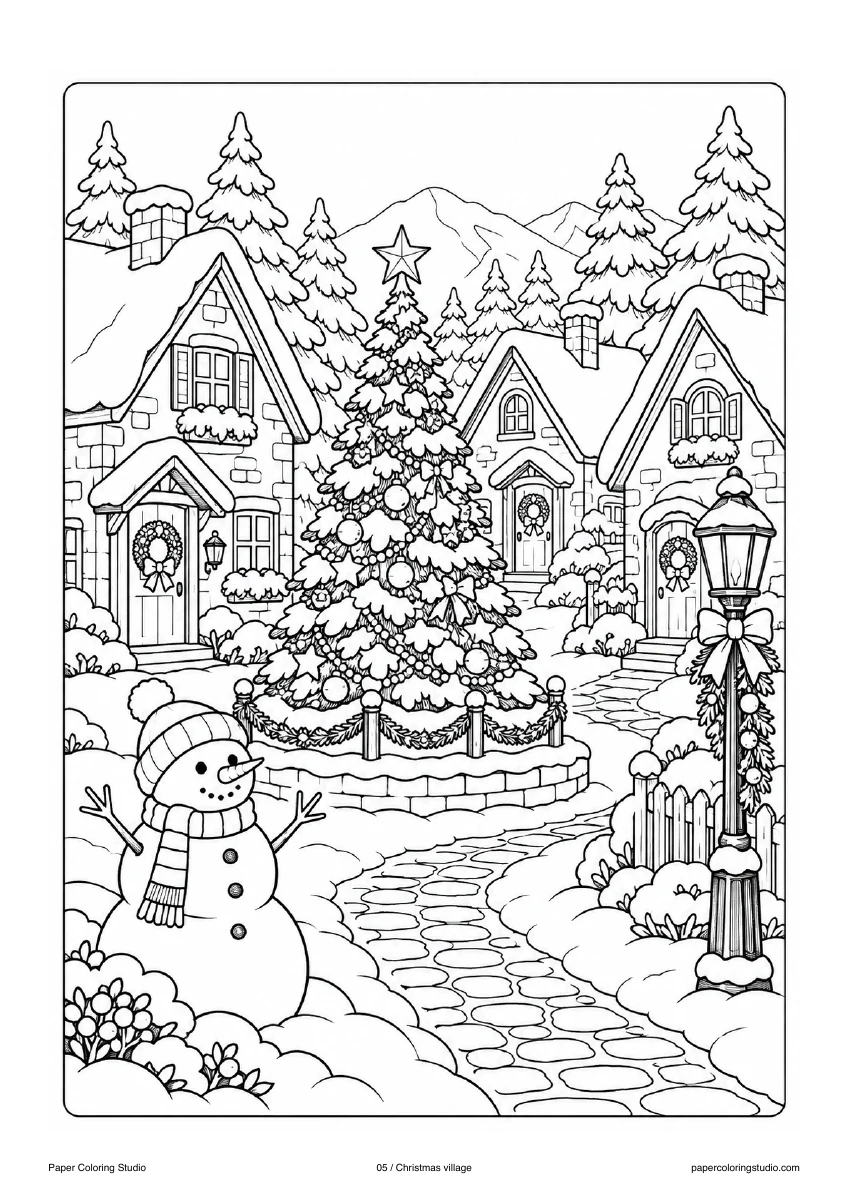 Blank A4 coloring page: Christmas village colouring illustration
