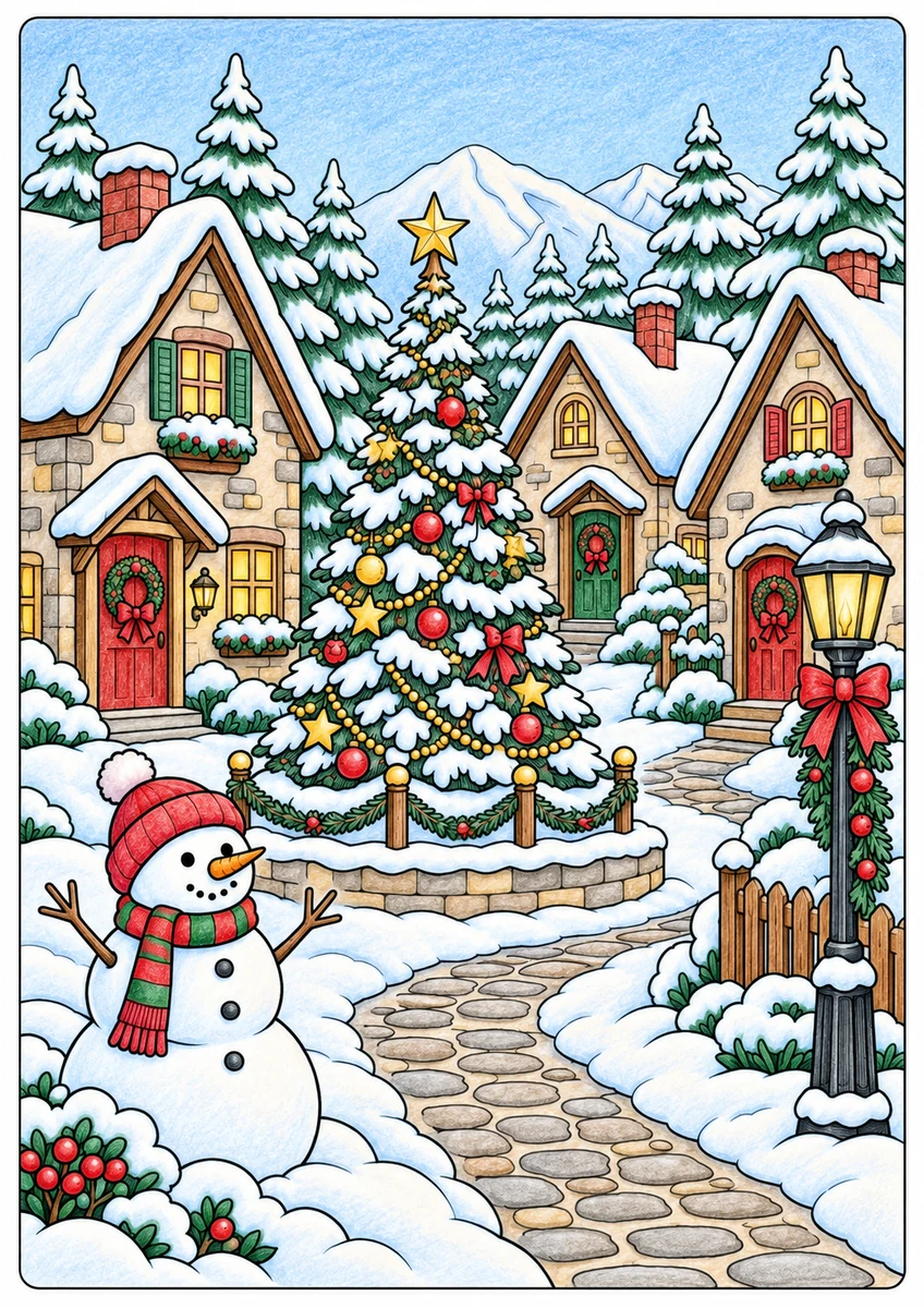 Color inspiration: Christmas village colouring illustration
