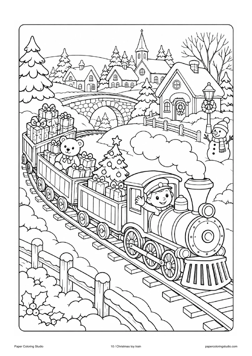 Blank A4 coloring page: Christmas toy train colouring illustration