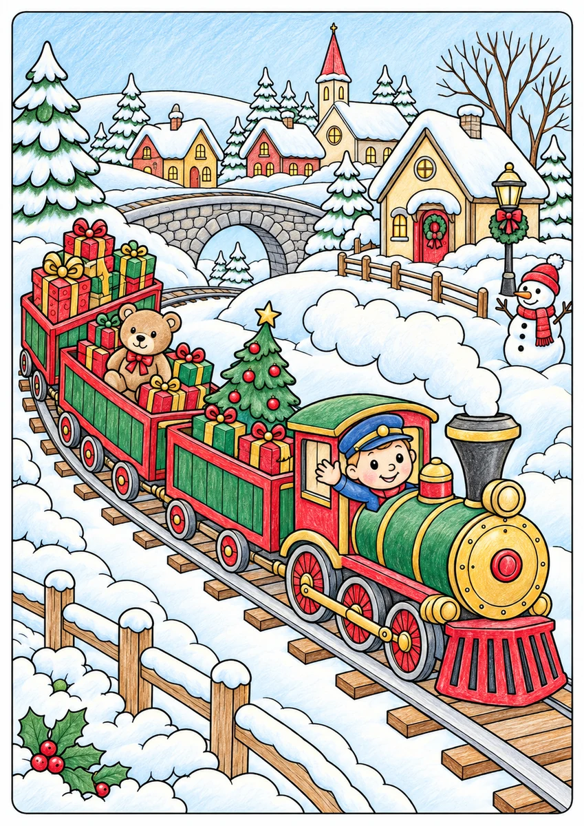 Color inspiration: Christmas toy train colouring illustration