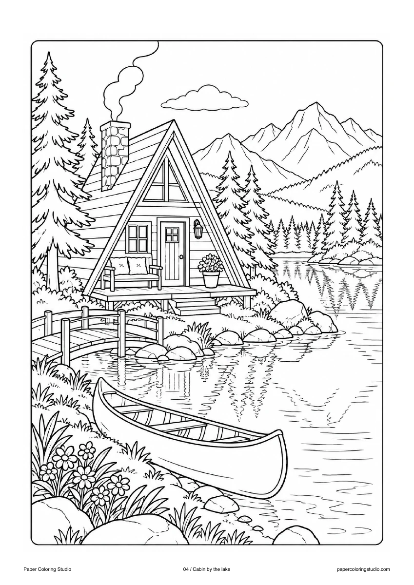 Blank A4 coloring page: Cabin by the lake colouring illustration