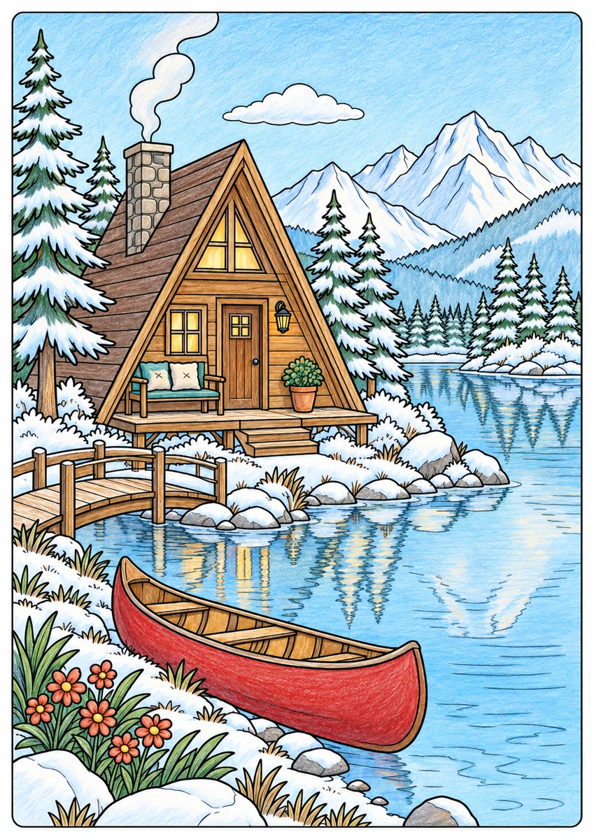 Color inspiration: Cabin by the lake colouring illustration