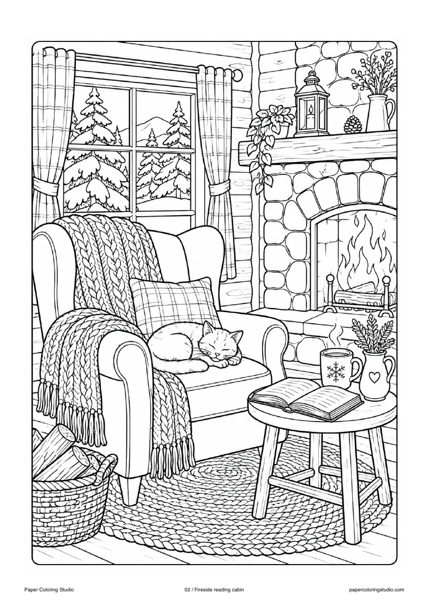 Blank A4 coloring page: Fireside reading cabin colouring illustration