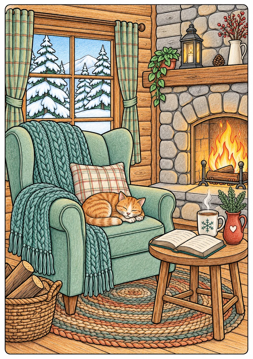Color inspiration: Fireside reading cabin colouring illustration