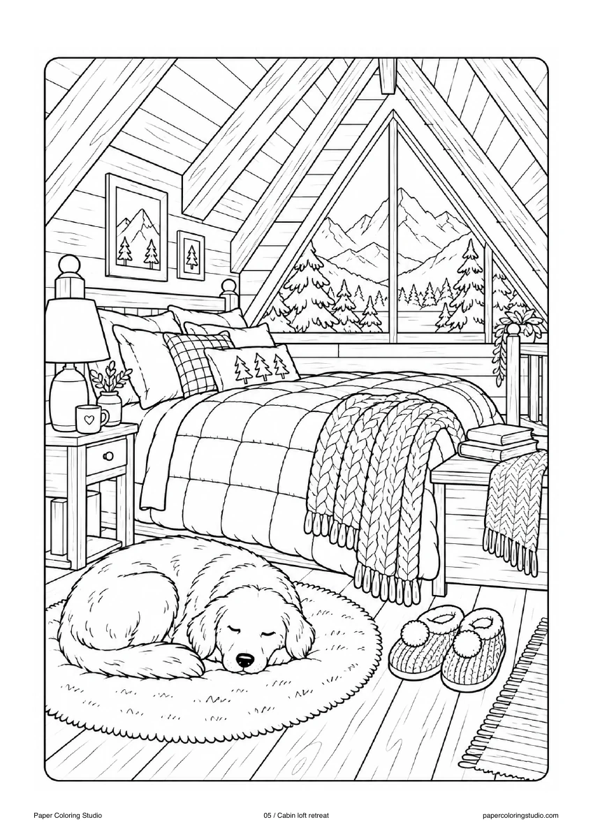 Blank A4 coloring page: Cabin loft retreat colouring illustration