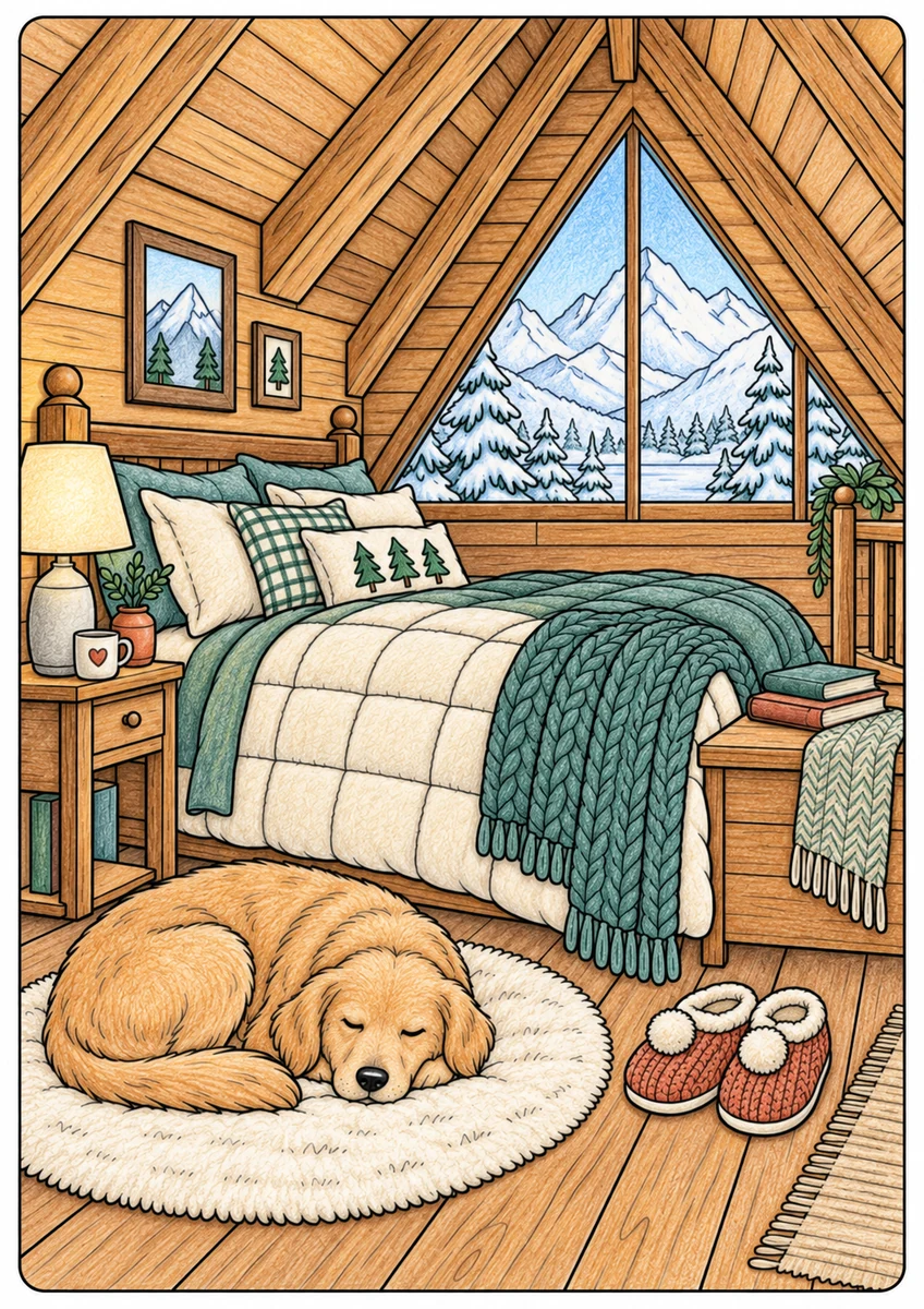 Color inspiration: Cabin loft retreat colouring illustration