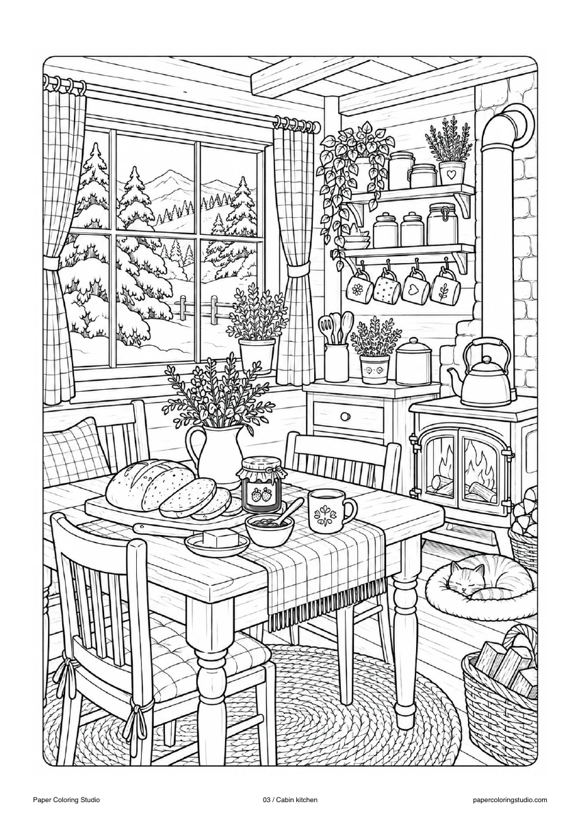 Blank A4 coloring page: Cabin kitchen colouring illustration