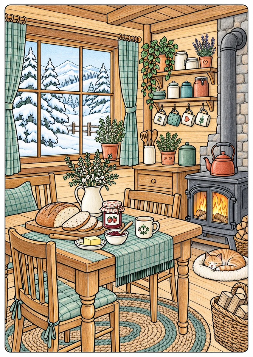Color inspiration: Cabin kitchen colouring illustration