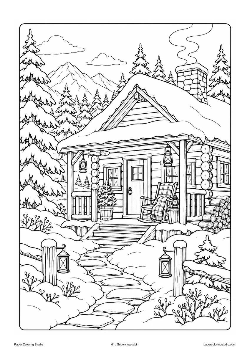 Blank A4 coloring page: Snowy log cabin colouring illustration