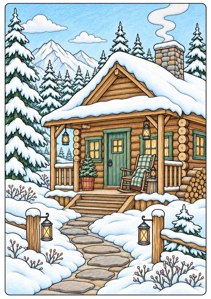 Color inspiration for a snowy log cabin coloring page