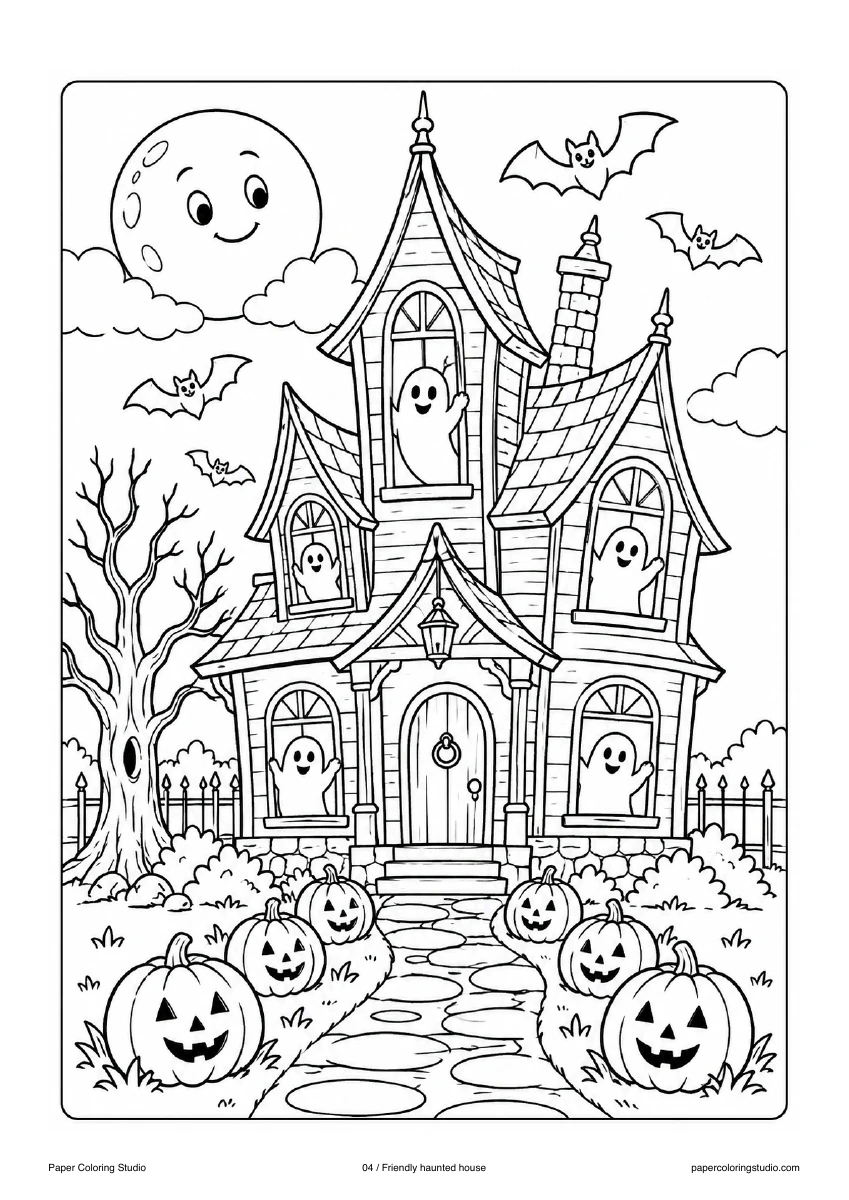 Blank A4 coloring page: Friendly haunted house colouring illustration
