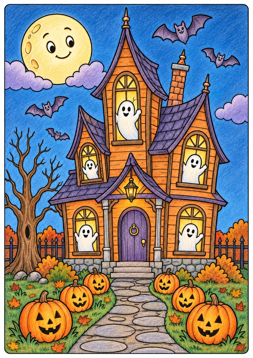 Color inspiration: Friendly haunted house colouring illustration