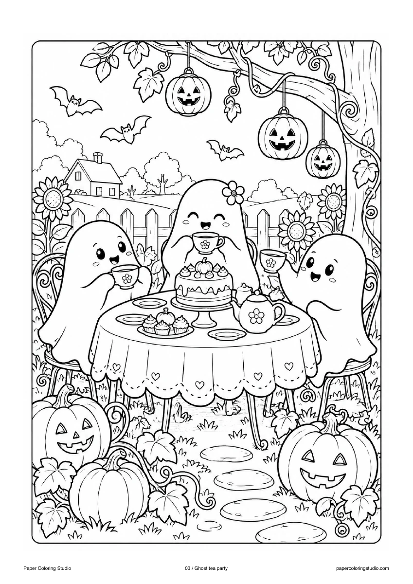 Blank A4 coloring page: Ghost tea party colouring illustration