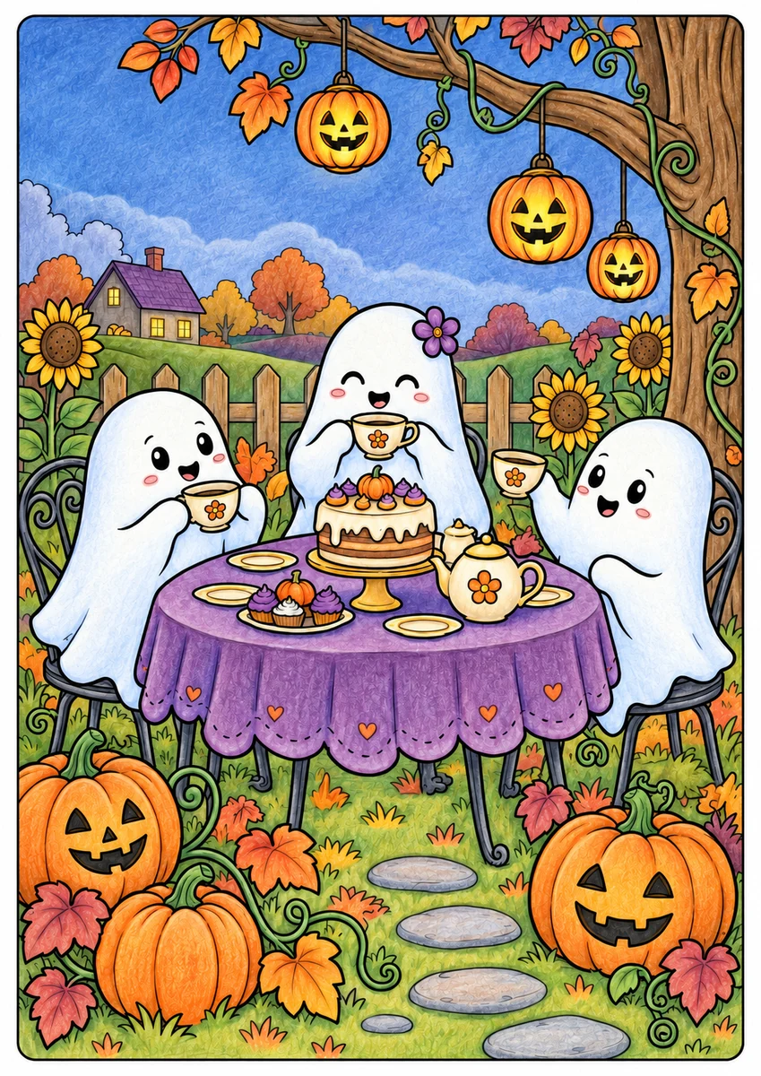 Color inspiration: Ghost tea party colouring illustration