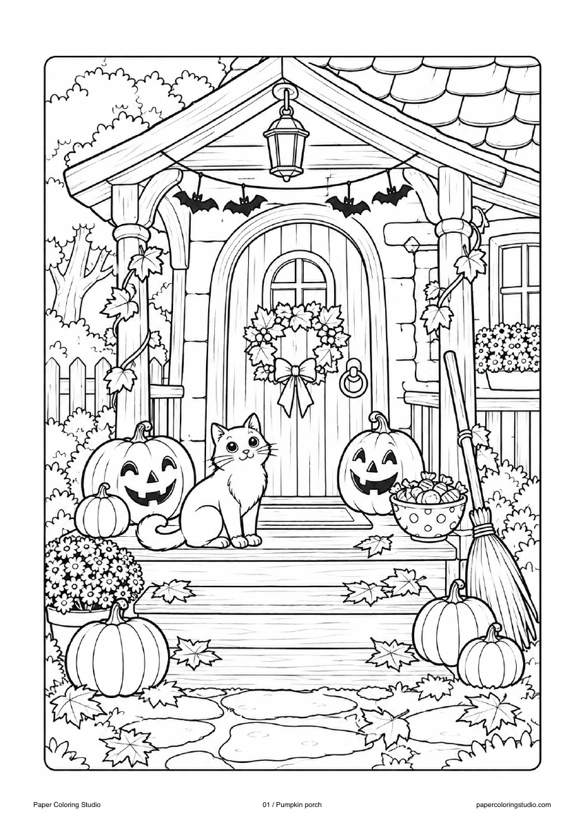 Blank A4 coloring page: Pumpkin porch colouring illustration