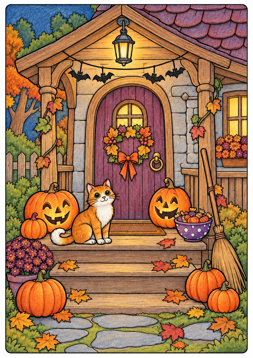 Color inspiration: Pumpkin porch colouring illustration