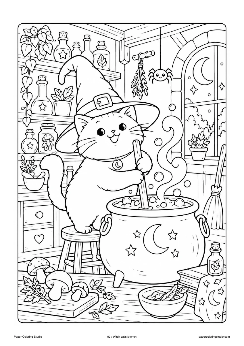 Blank A4 coloring page: Witch cat's kitchen colouring illustration