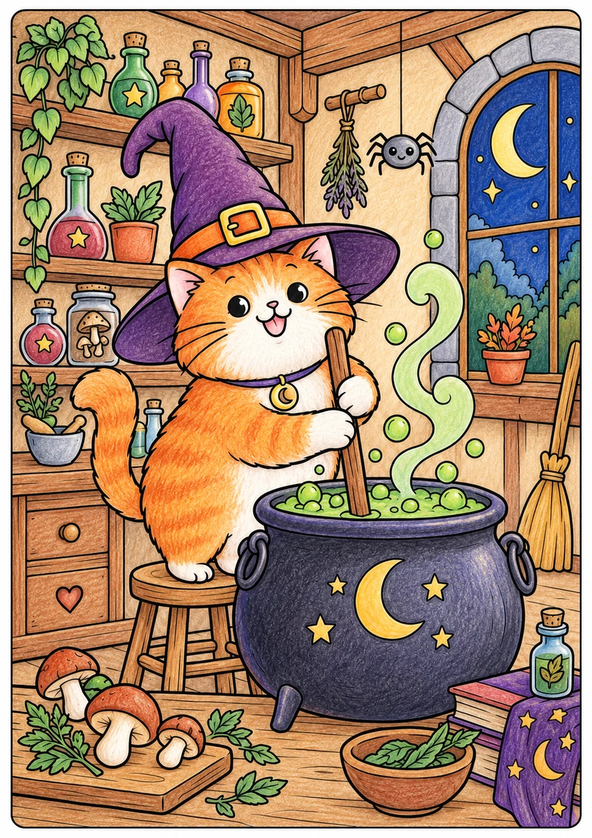 Color inspiration: Witch cat's kitchen colouring illustration