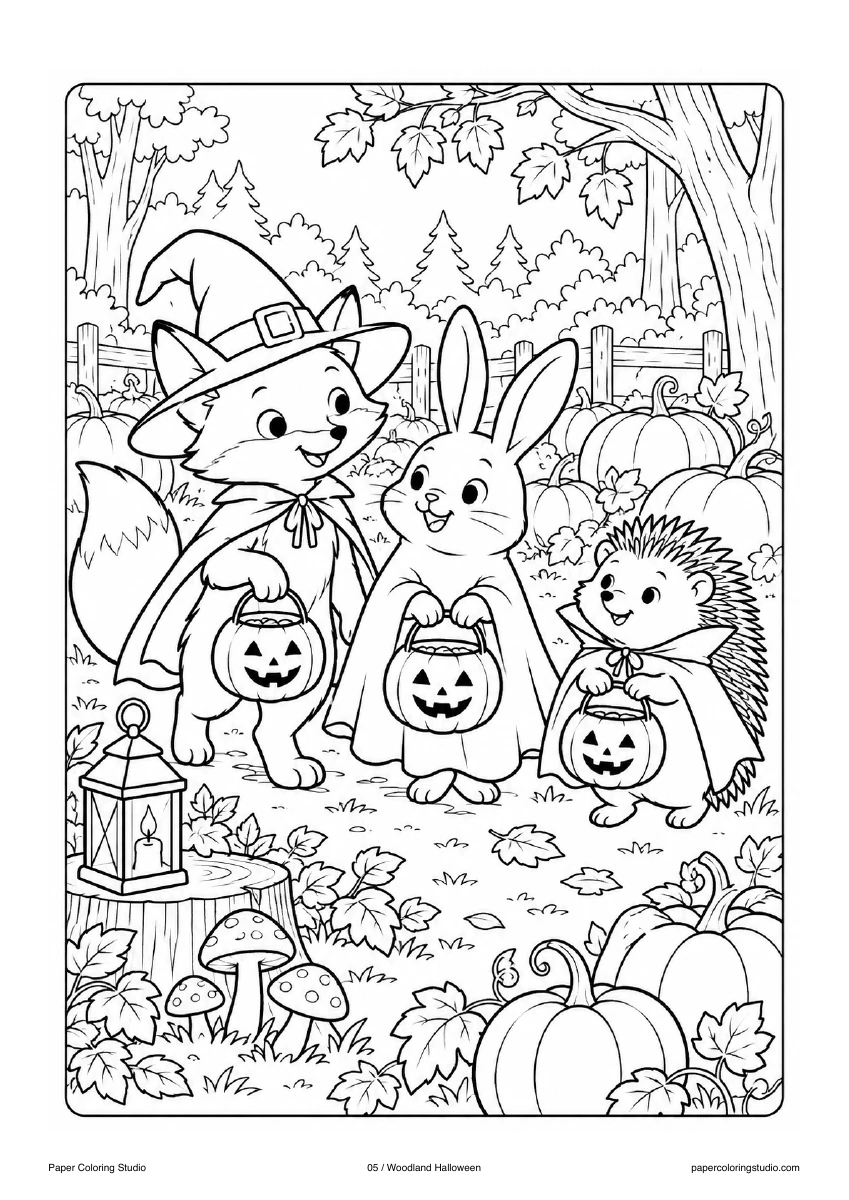 Blank A4 coloring page: Woodland Halloween colouring illustration