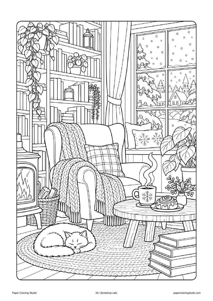 Blank A4 coloring page: Bookshop cafe colouring illustration